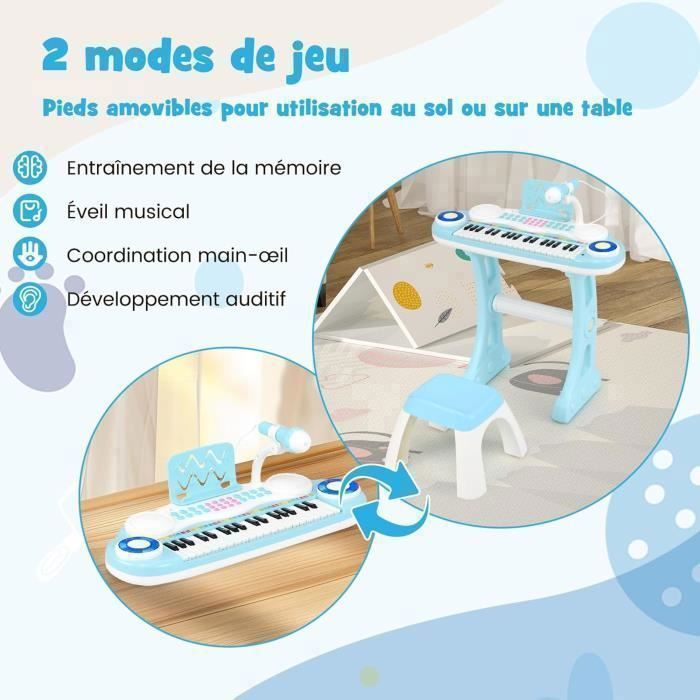 Piano electrónico infantil COSTWAY de 37 teclas con taburete - 4 sonidos de percusión - 8 ritmos - Micrófono - Luz intermitente - Azul