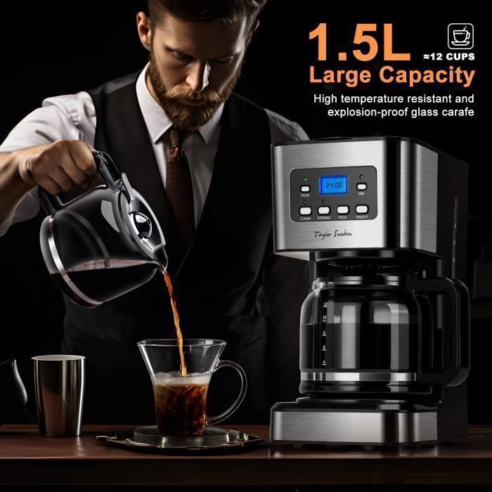 Taylor Swoden Darcy - Cafetière 0% BPA. 950W, 1,5L. Programmable 24h, maintien au chaud 40min. Option café fort. Auto-nettoyante.