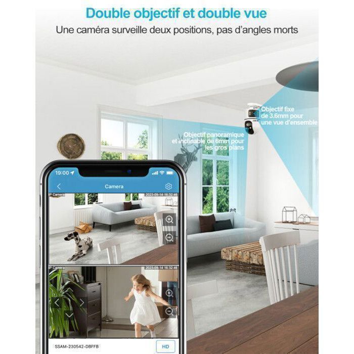 Cámara de vigilancia WiFi para interiores GENBOLT, lente dual de 360°, WiFi dual de 2.4 y 5 GHz, detección inteligente de personas para bebés.