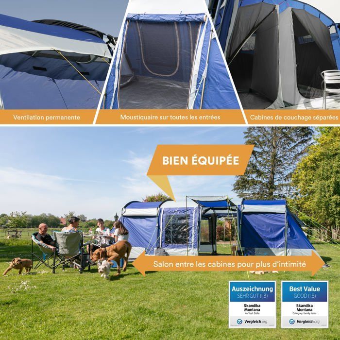 8-Person Tunnel Family Camping Tent - Skandika Montana 8 - 3 Cabins, 5000 mm, 4 Entrances, Awning - Blue