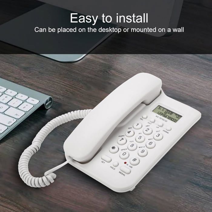 Telefone fixo com fio - FEBEST - Sistema duplo FSK/DTMF - 19,5 x 12,8 x 4,5 cm - Branco - Montagem em parede ou mesa