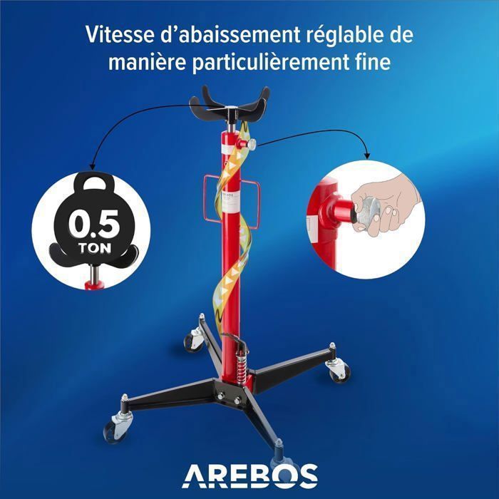 Gatos elevadores AREBOS | Gato hidráulico de acero para fosos | 500 kg | Altura regulable de 105 a 185 cm | Acero | 4 ruedas