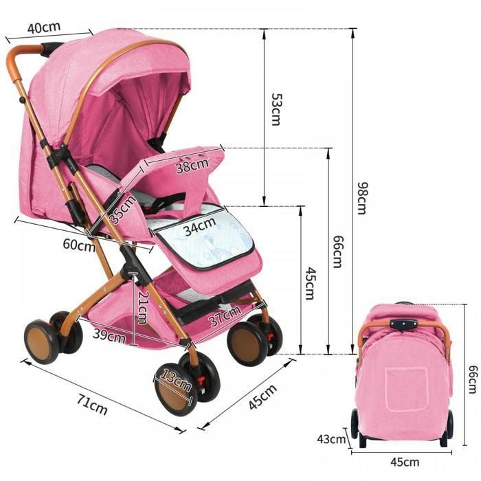 Cochecito MIPAN ligero y compacto - Cochecito de viaje plegable - Reclinable - Con capota y mosquitera + arnés de 5 puntos - Rosa