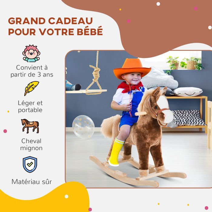 Cheval à bascule - HOMCOM - cowboy selle confort enfants dès 36 mois peluche douce - bois - charge 40 kg - brun blanc