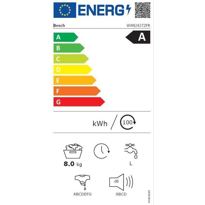 Lavadora de carga frontal BOSCH WAN2427ZFR SER4 - 8 kg - Inducción - 60 cm - 1200 rpm - Clase energética A - Vapor - Blanca