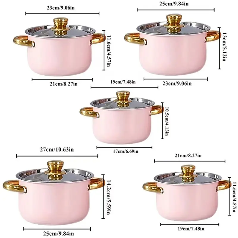 Ensemble de 4 casseroles roses en acier inoxydable, poignée dorée, compatible avec les plaques à induction et les cuisinières à gaz, idéal pour la cuisine.