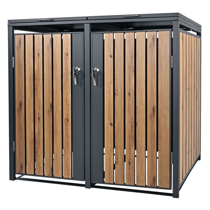ML-Design Box 2 contenedores de acero, 2 toneladas, 240 L, 132 x 80 x 116,3 cm, aspecto antracita/roble, resistente a la intemperie, revestimiento.