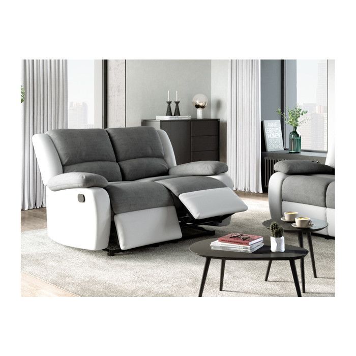 Canapé Relaxation 2 places Microfibre et Simili LEO - Blanc et gris - L143 x 93 x 96cm - LOUNGITUDE