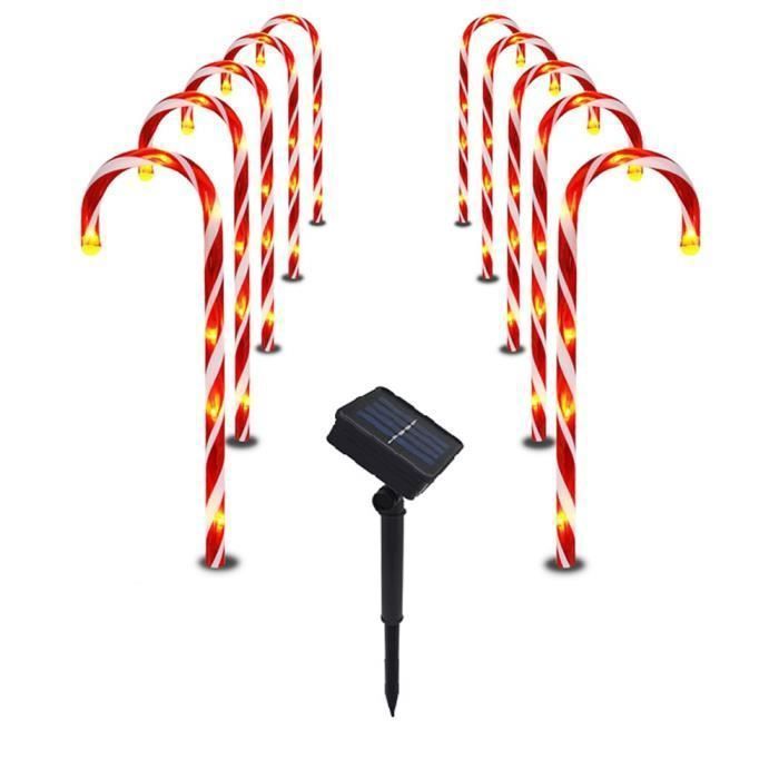 Set van 10 LED-kerstlampjes op zonne-energie voor buiten in de vorm van een zuurstok, waterdicht en decoratief.