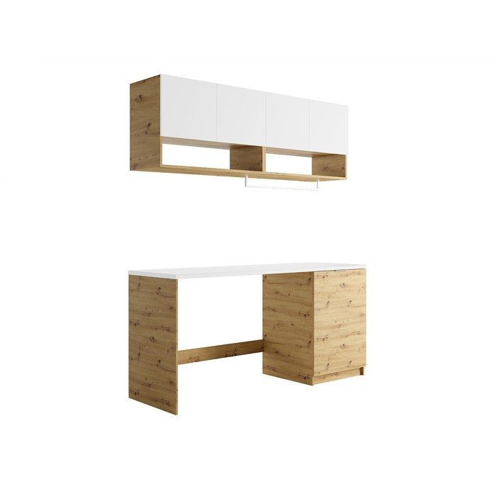 Mueble de lavandería para lavadora con encimera - 182 cm de ancho - Blanco y natural claro - NATAJI