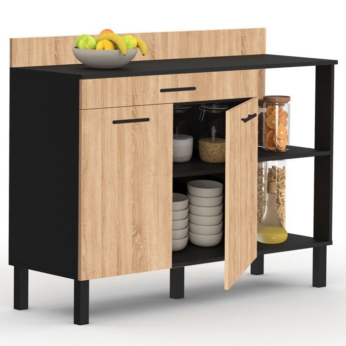 IDMARKET Buffet bas de cuisine 120 cm CINA plan de travail H.83 cm 2 portes + tiroir noir et façon hêtre