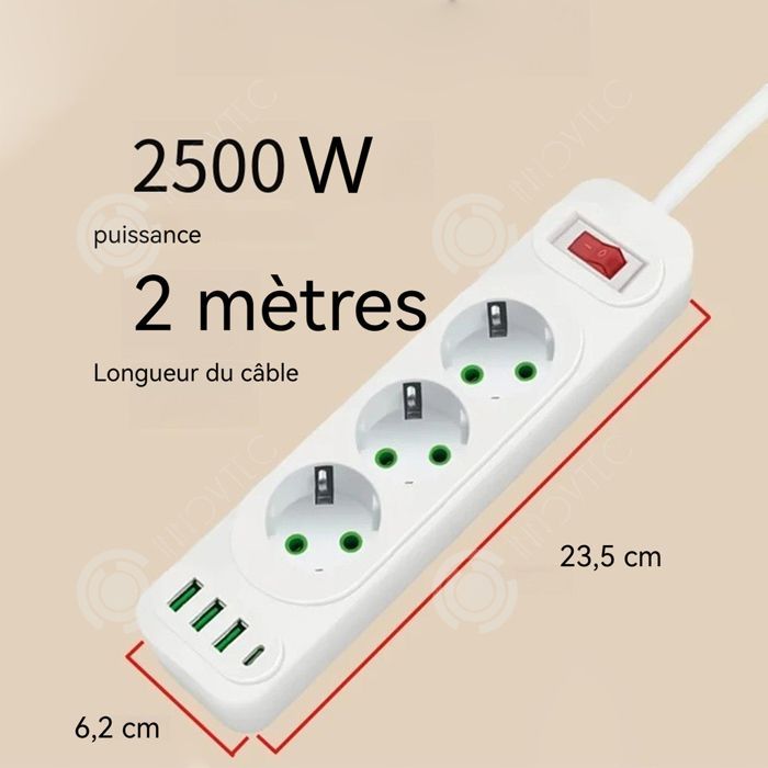 Regleta INN con 3 tomas de corriente, 2 puertos USB y 1 puerto USB-C, con interruptor, cable de 2 m, protección contra sobretensiones, color blanco.