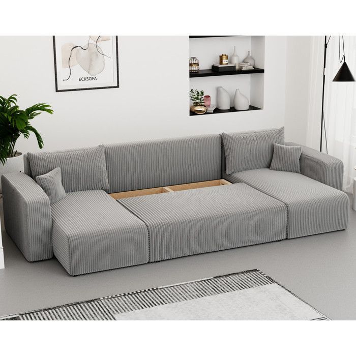 Divano angolare panoramico PIANO U - 7 posti - Divano trasformabile con contenitore - Tessuto in velluto a coste - Grigio chiaro