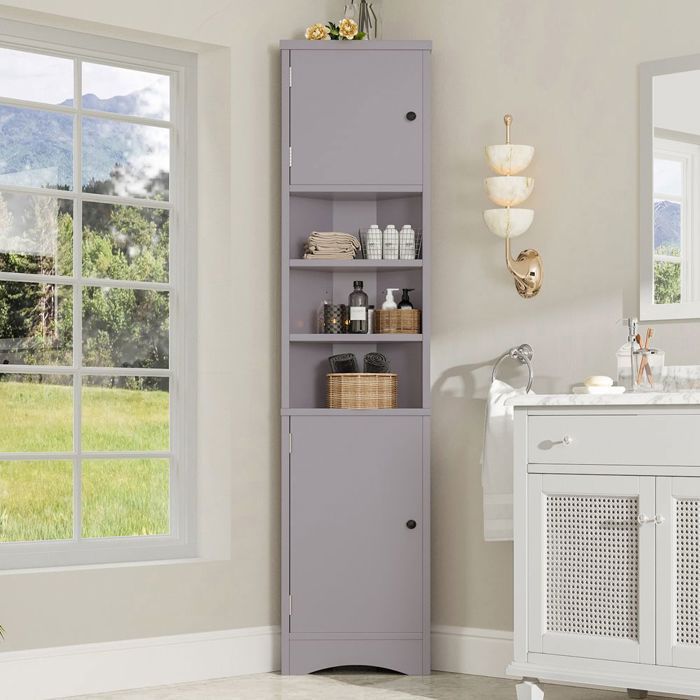 Mueble de baño tipo columna, 36,5 x 24,5 x 170 cm, triangular, 3 compartimentos, gris.