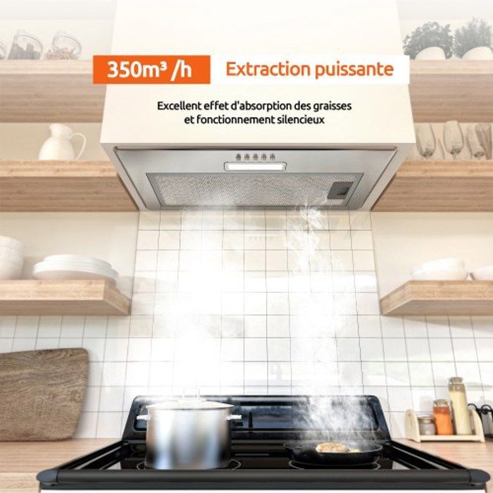 Cappa aspirante da incasso FIREGAS da 52 cm, 350 m³/h, 3 velocità, con aspirazione canalizzata o a ricircolo.