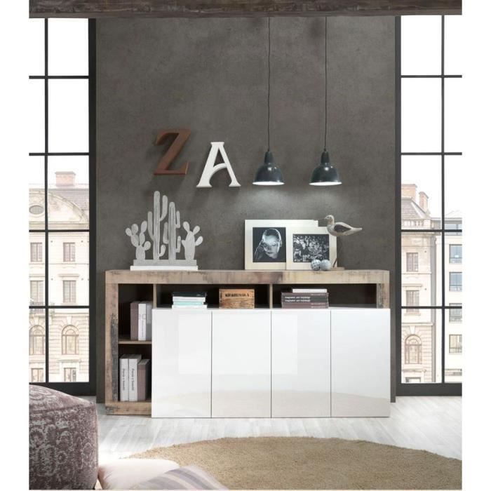 Aparador MAESTRO - Tablero de partículas - Efecto madera vintage y acabado lacado en blanco - 4 puertas - Ancho 184 x Profundidad 42 x Alto 93 cm