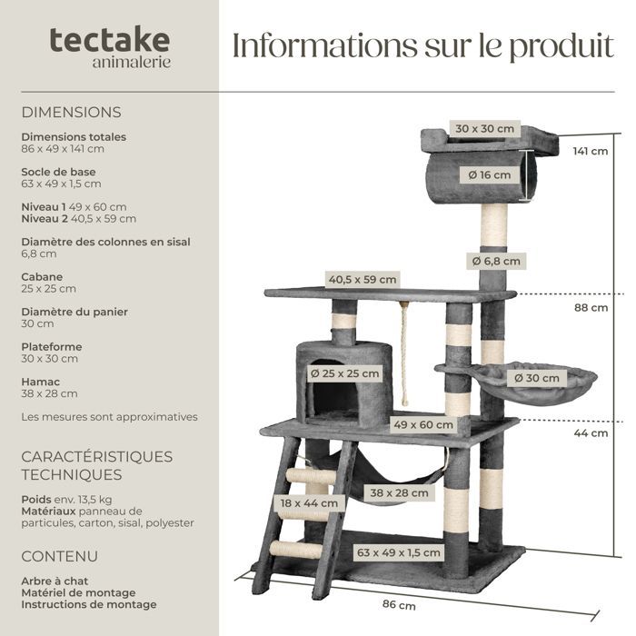Árbol rascador para gatos - TECTAKE - STOKELEY, 141 cm de altura, con zonas para dormir y cuerda - Gris