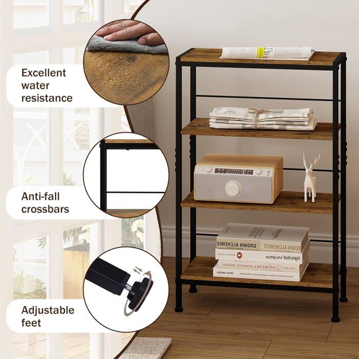 Estantería de almacenamiento WOLTU, estrecha, de 4 niveles, para cocina y sala de estar, de MDF con estructura metálica, color marrón rústico y negro.