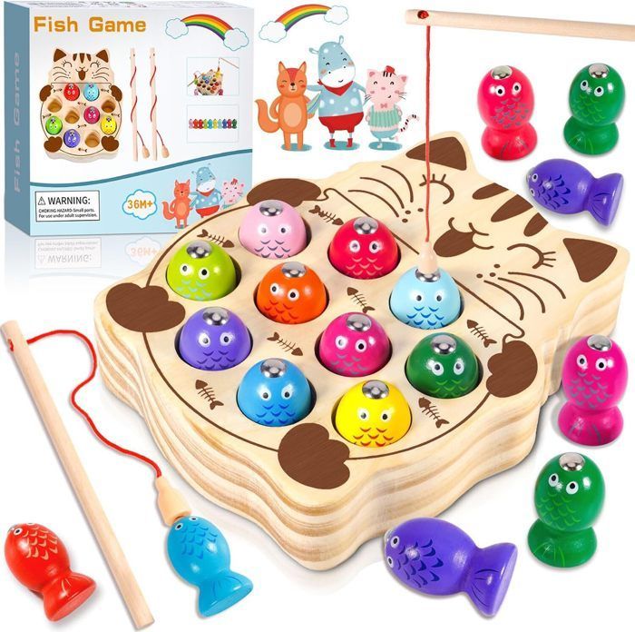Jeux de pêche en bois - Montessori - 2 ans - Jouet éducatif - Sûr et non toxique - Mixte