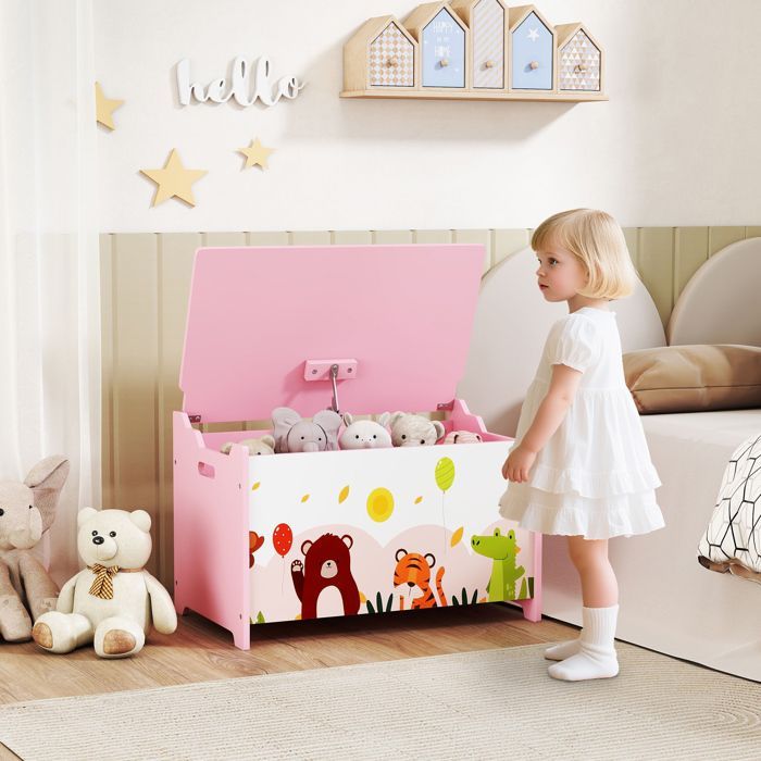 Coffre à jouet enfant - AIYAPLAY - couvercle rabattable, motif animal, charnières de sécurité - MDF - 60 x 37 x 39 cm - rose