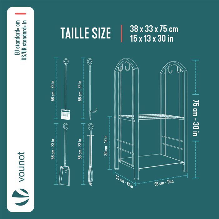 Soporte metálico para leña VOUNOT® para chimenea - Estante para almacenar leña con 4 herramientas incluidas - Negro
