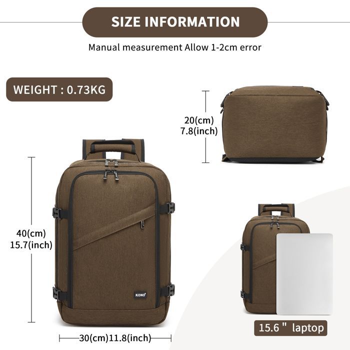 Mochila Kono de 40x20x30cm, apta para equipaje de mano según las normas de Ryanair, 24L, para colocar debajo del asiento en el avión, para mujeres y hombres, color marrón.