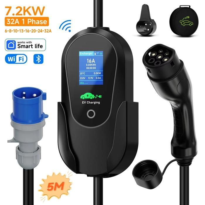 Cargador portátil para vehículos eléctricos, 7,2 kW, monofásico, corriente ajustable de hasta 32 A, tipo 2, 5 m con aplicación.