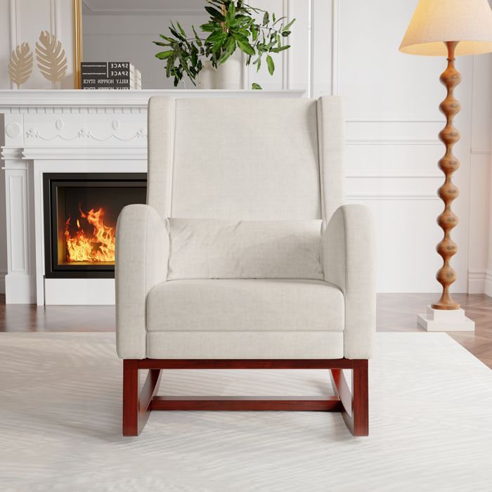 Chaise à Bascule Relax, Fauteuil a Bascule avec Repose Pied Rétractable, en Tissu avec Dossier Haut, Beige, Lin