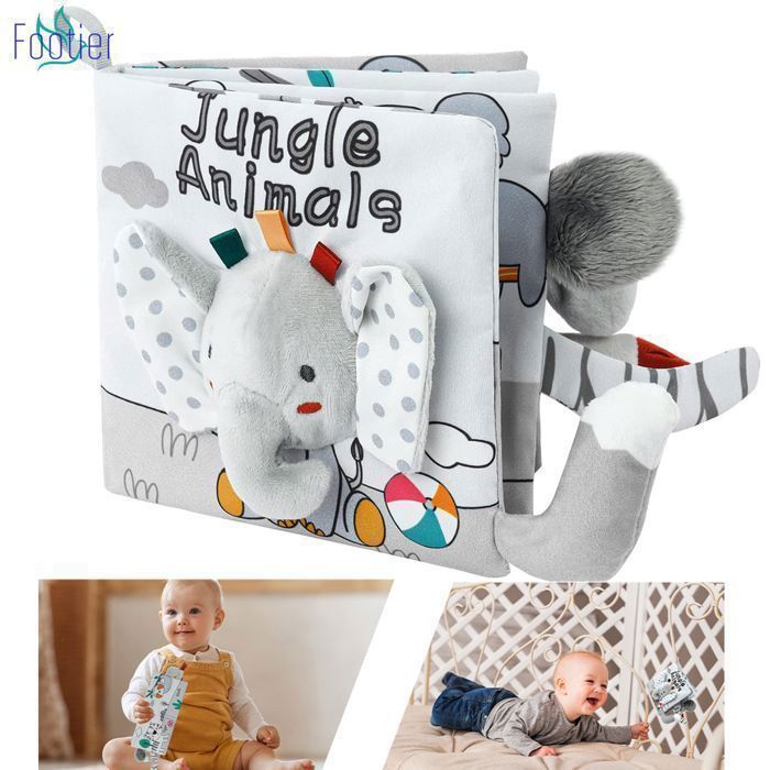 Libro in tessuto per neonati, libro per lo sviluppo del bambino, giocattolo educativo per bambini - Idea regalo dalla nascita, libro morbido e frusciante con animali (elefante)