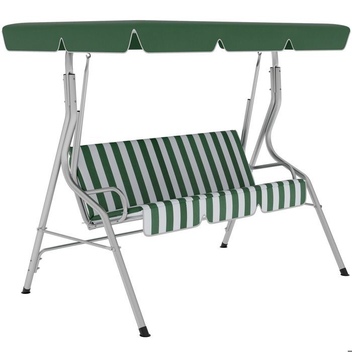 Columpio de jardín Outsunny - 3 plazas - toldo con inclinación ajustable - estampado de rayas - con cojines para asiento y respaldo - verde