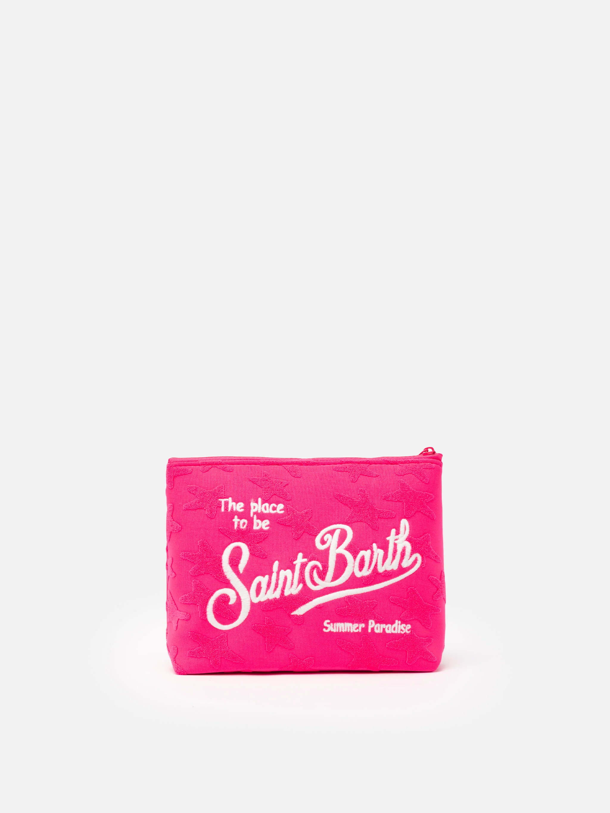 A-Linien-Clutch aus fuchsiafarbenem Schwammstoff mit geprägtem Sternenmotiv