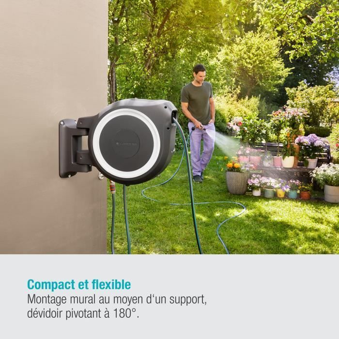 GARDENA RollUp® M/L wall-mounted automatic hose reel with white trim – Length 25m – Ø13mm – Complete kit – 5-year warranty (18622-20)