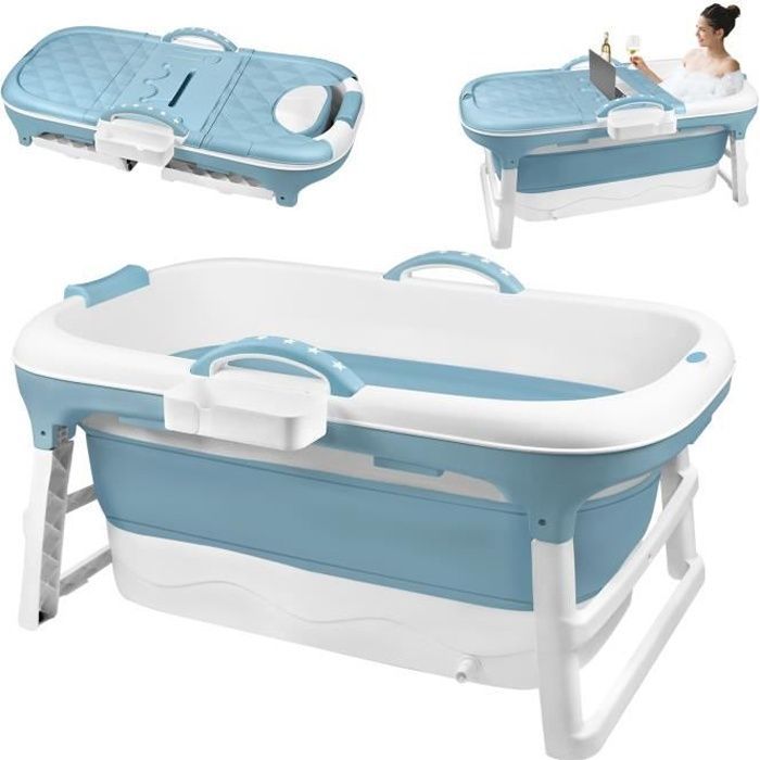Bañera plegable Aufun de 118 x 62 x 53 cm con tapa y rodillos de masaje, bañera portátil, color azul.