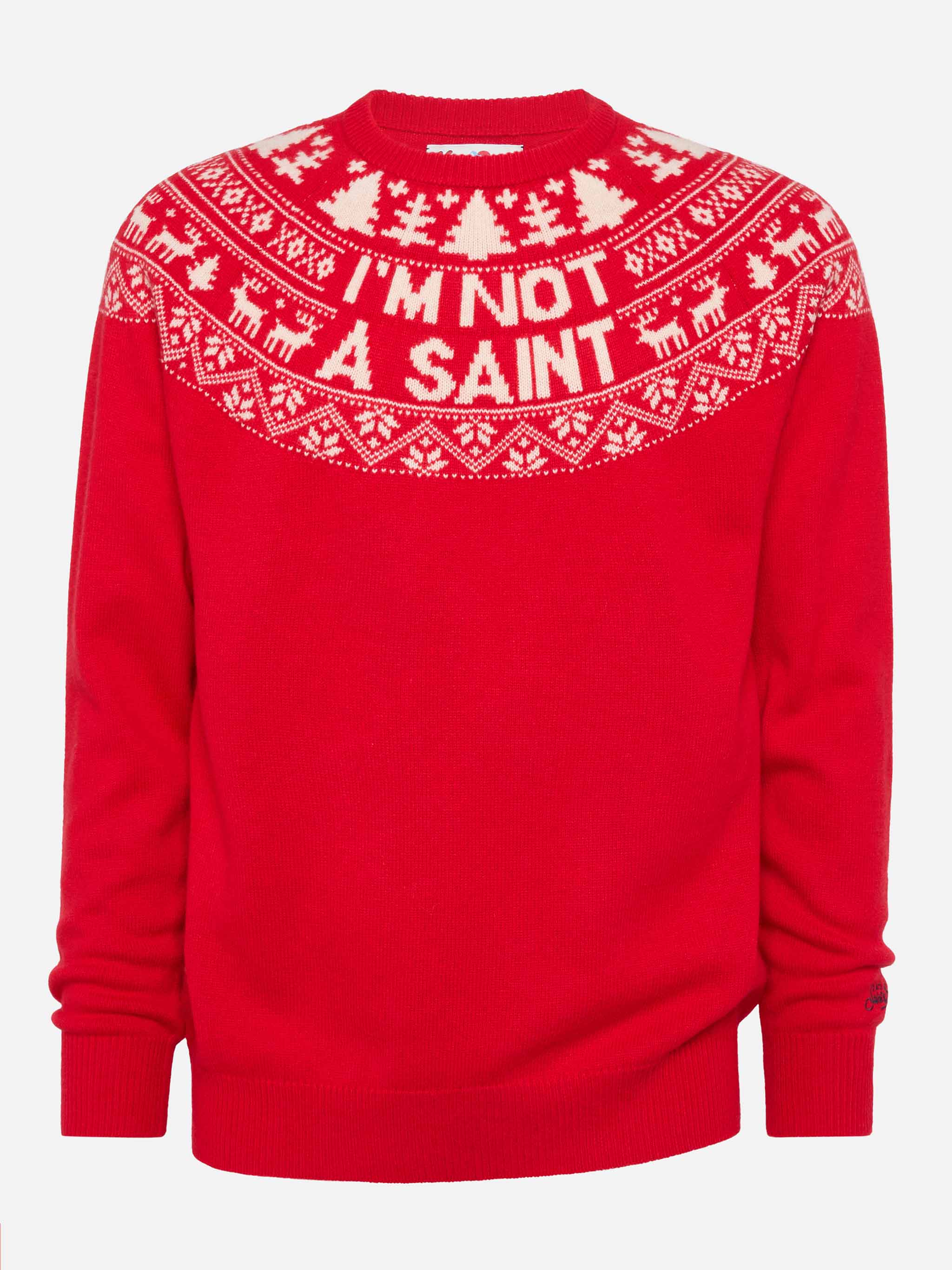 Pull rouge Heron avec jacquard Fair Isle et jacquard « Je ne suis pas un saint »