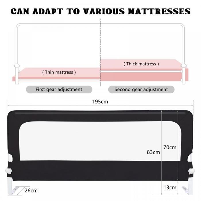 Barandilla de seguridad para cuna MIPAN - 200x70x26cm - Barandilla de seguridad infantil - Altura ajustable - Para niños de 5 meses a 5 años - Negra