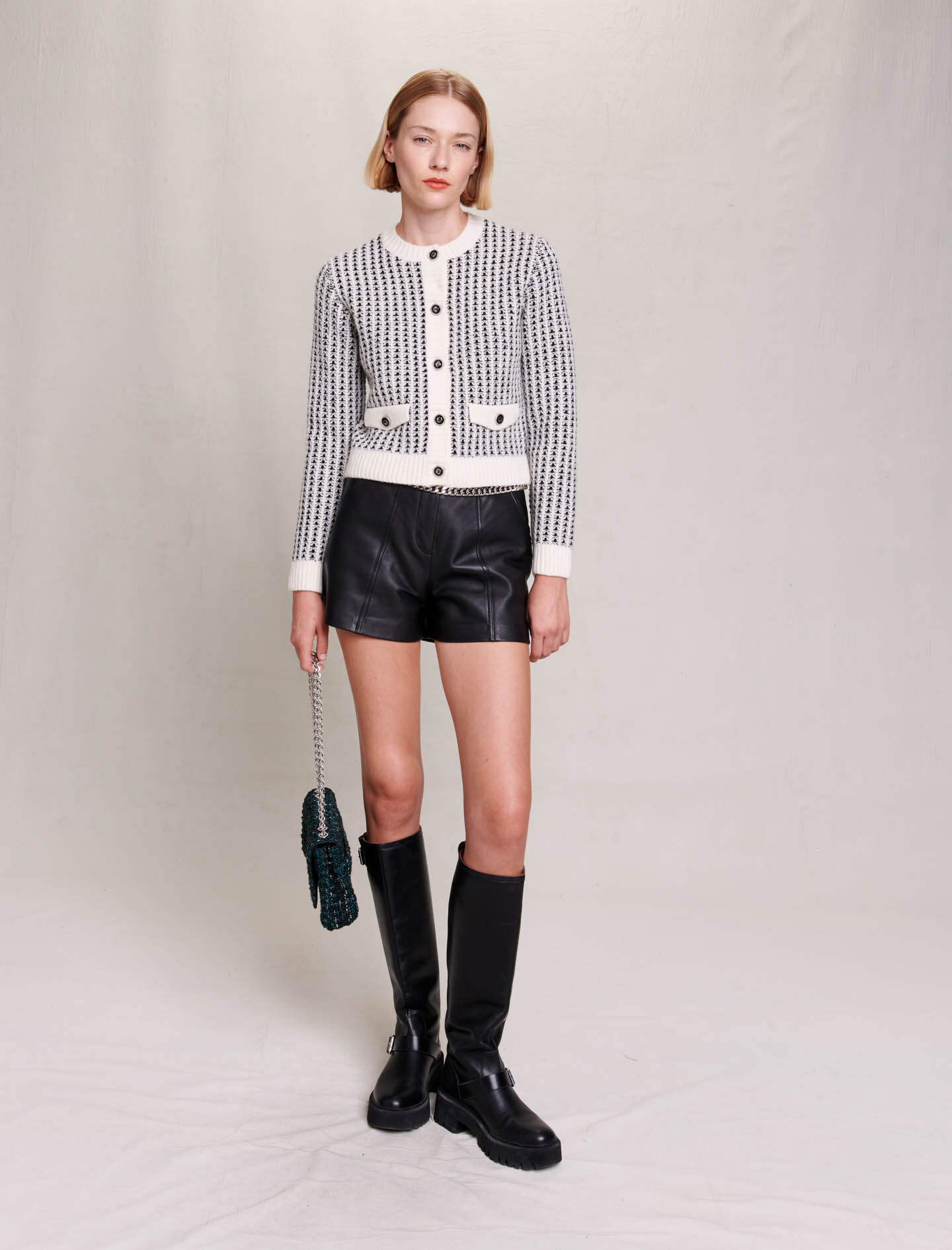 Cardigan tricotat - Negru / Ecru