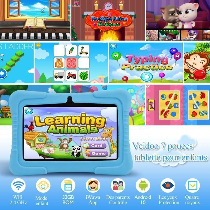 Veidoo Kinder-Tablet, 7-Zoll-Android-Tablet-PC, 2 GB RAM, 32 GB ROM, HD-IPS-Touchscreen, Kindersicherung, Lernfunktionen (Blau)