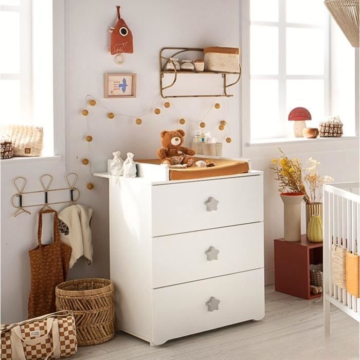 Commode à langer - Babyprice - Basic - 3 tiroirs - Blanche - Boutons étoiles grises