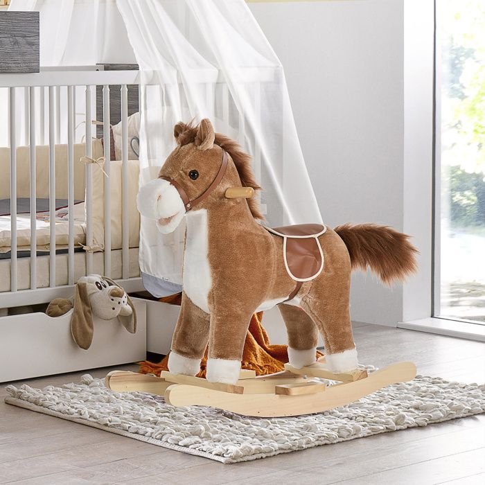 Caballo balancín - HOMCOM - silla de montar extra cómoda, suave y de felpa corta, madera de álamo, juguete infantil - madera - 65x32,5x61cm - marrón