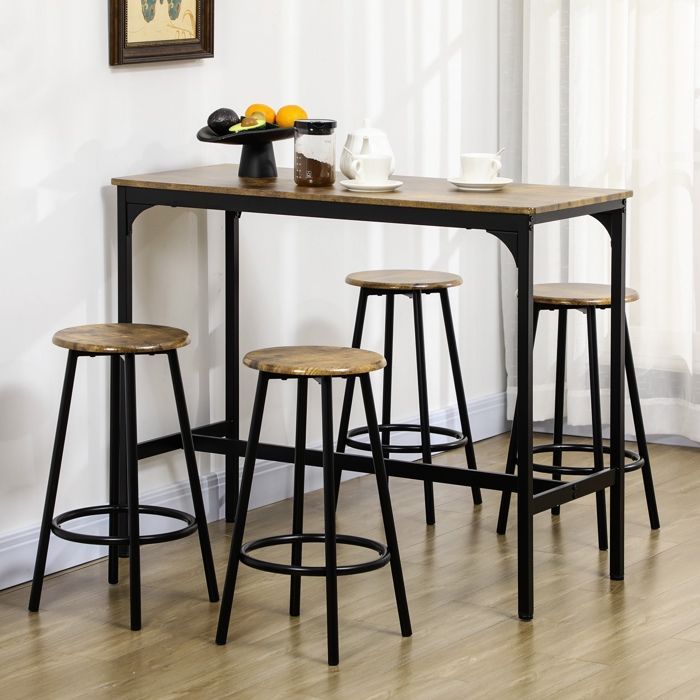 HOMCOM - Mesa alta y 4 taburetes - Metal - 110x50x89,5cm - Marrón