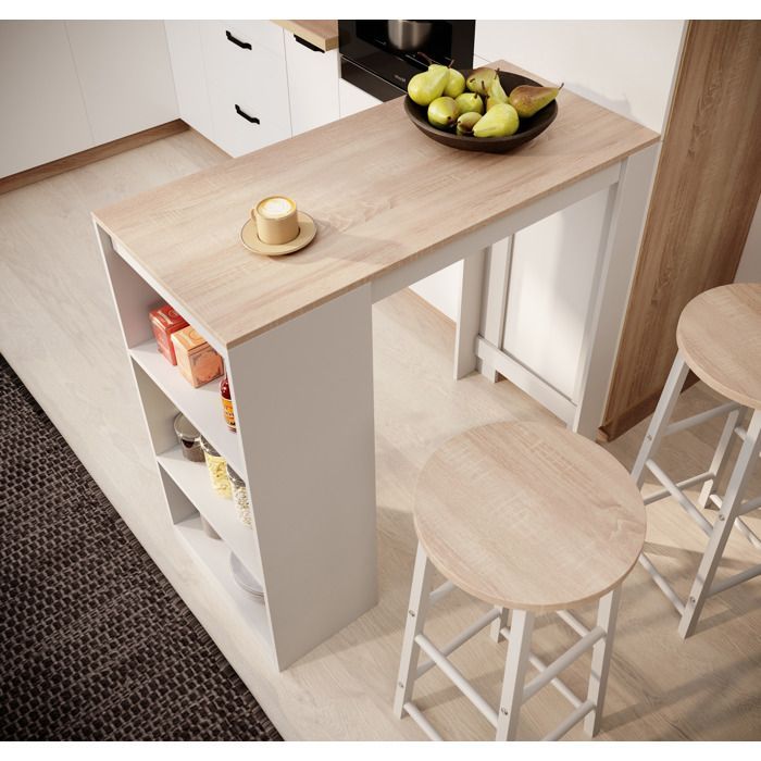 Table haute de bar avec deux tabourets | 110x103x50 cm | Blanc et Sonoma mat | Table de cuisine avec 3 étagères | Modèle Kyra