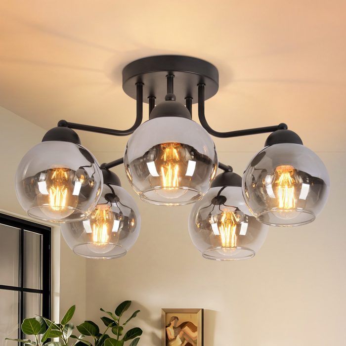 Ceiling light - NETTLIFE - 35cm smoked glass ceiling light - 5xE27 - Black finish - Vintage-modern style