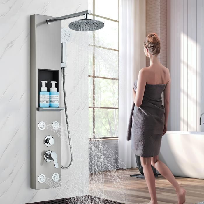 Colonna doccia idromassaggio multifunzionale in acciaio inox con soffione fisso, funzione massaggio e mensola (nichel spazzolato)
