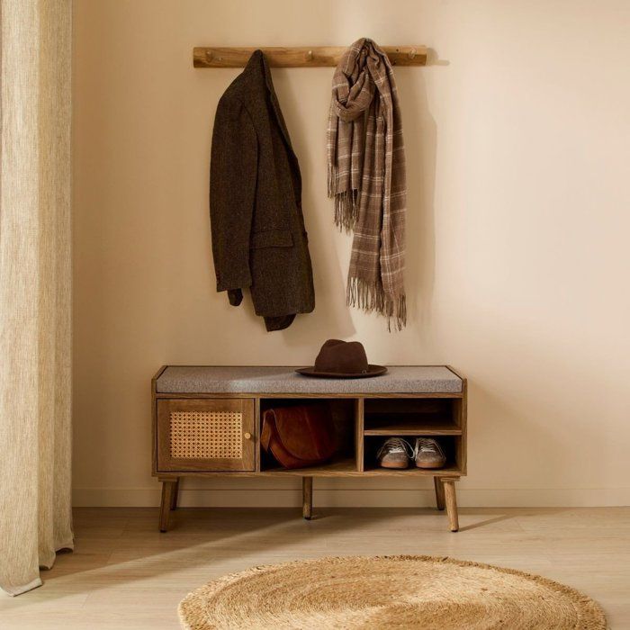 CALICOSY - Shoe bench with 1 door and rattan front, 100 cm wide, PALMO - Light wood