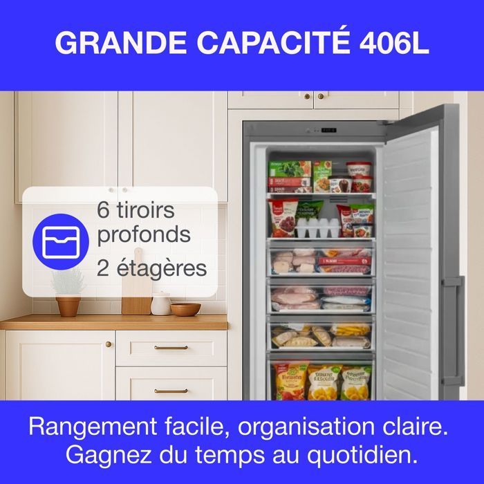 Congélateur armoire 406L -Total No Frost - dégivrage automatique - Classe E - L70 cm x H191 cm x P75,5 cm - Inox
