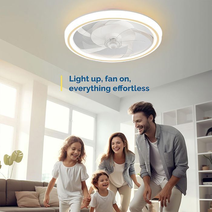 Ventilador de techo LED de 48 cm, 3 colores, regulable, silencioso, con 7 aspas y 6 velocidades.