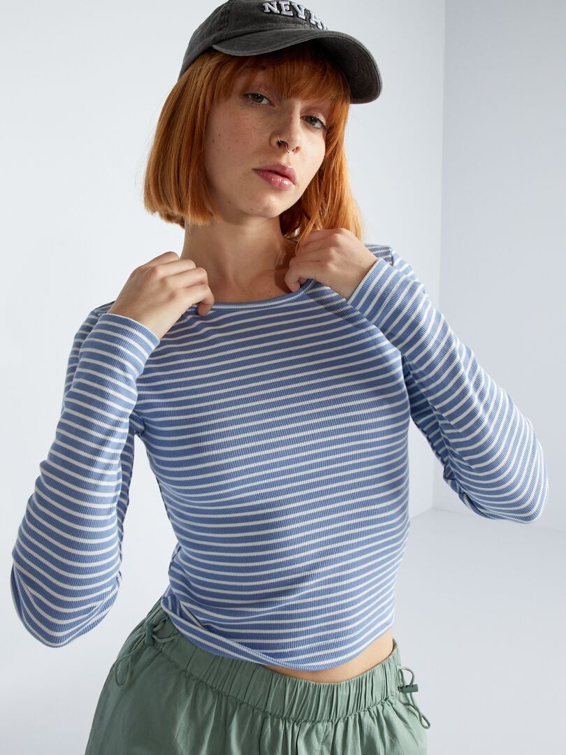 Top cropped canelado listrado - AZUL