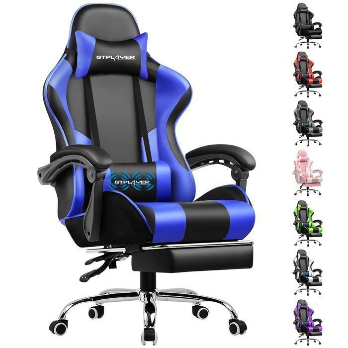 Chaise Gaming Repose Pieds Coussin Lombaire de Massage Fauteuil de Bureau Ergonomique avec Accoudoir Synchronisé (Bleu)