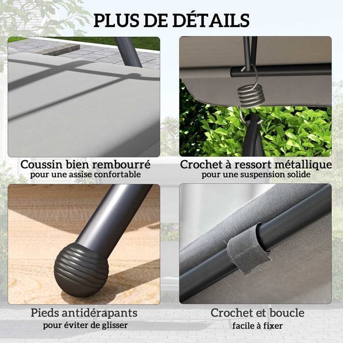 Sedia a dondolo da giardino - Convertibile a 3 posti - Tettuccio inclinabile e regolabile - Materasso - 2 x 1,25 x 1,7 m - Struttura in metallo e poliestere - Grigio chiaro