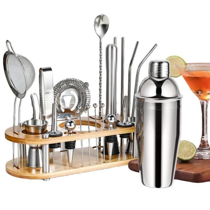 Set da shaker per cocktail da 750 ml, set da 23 pezzi in acciaio inox con supporto in legno, kit professionale da barman, include colino e misurino per miscelare